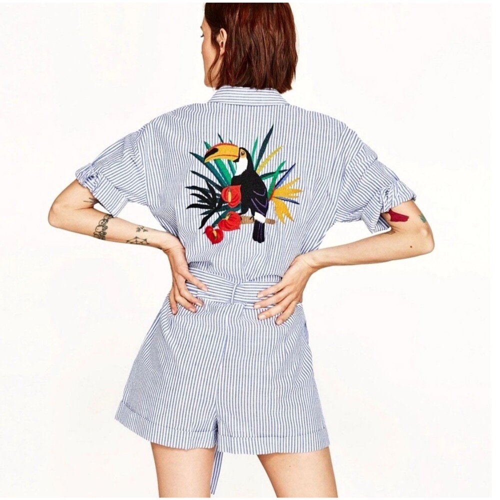 Zara Romper Womens Size Small Toucan Embroidered Blue Stripe Seer Sucker Cotton